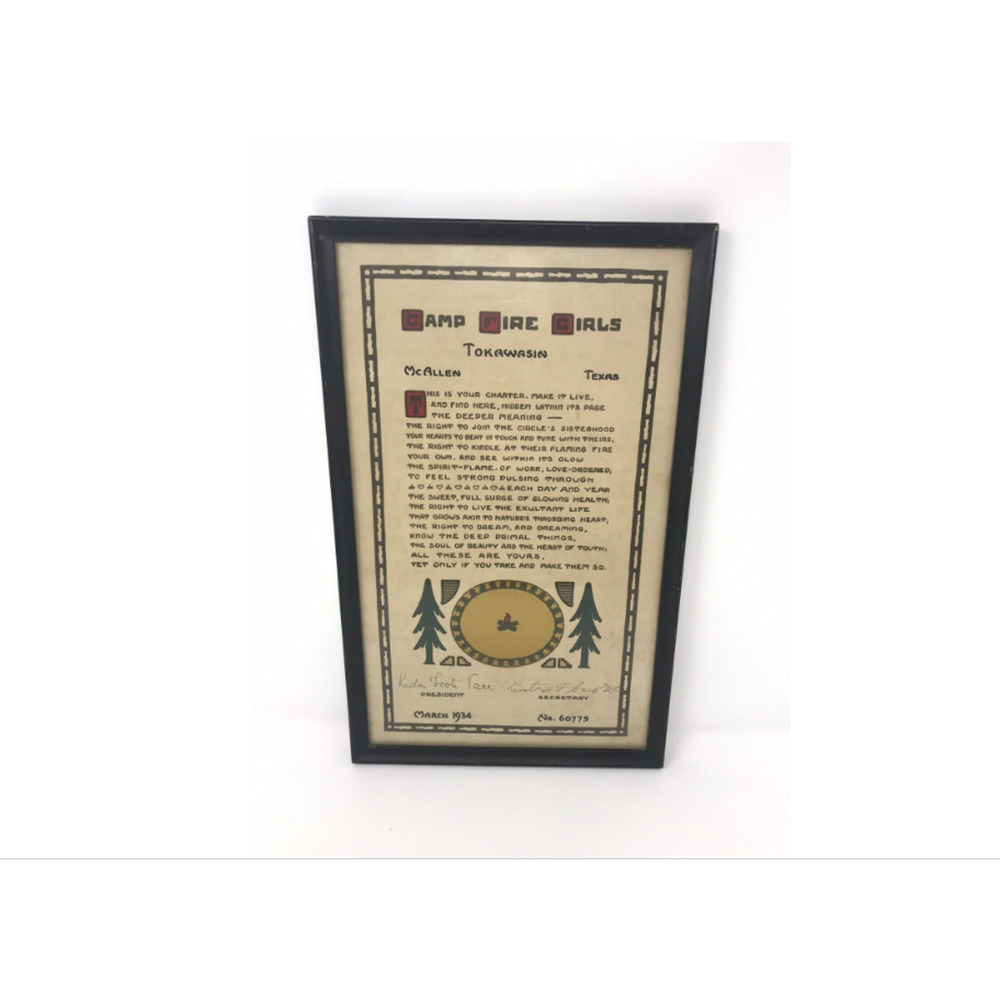 Vtg Camp Fire Girls‎ 1934 Sisterhood RARE Certificate Framed Signed Texas